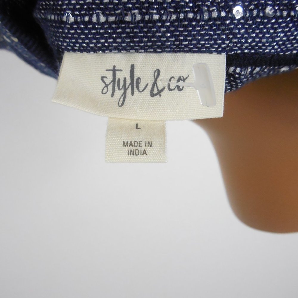 STYLE & CO Top L Navy Blue Striped Button Down Blouse Sequin Detail Party Shirt - Picture 12 of 13